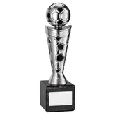 SILVER/BLACK PLASTIC FOOTBALL FIGURE ON BLACK MARBLE TROPHY - 8in
